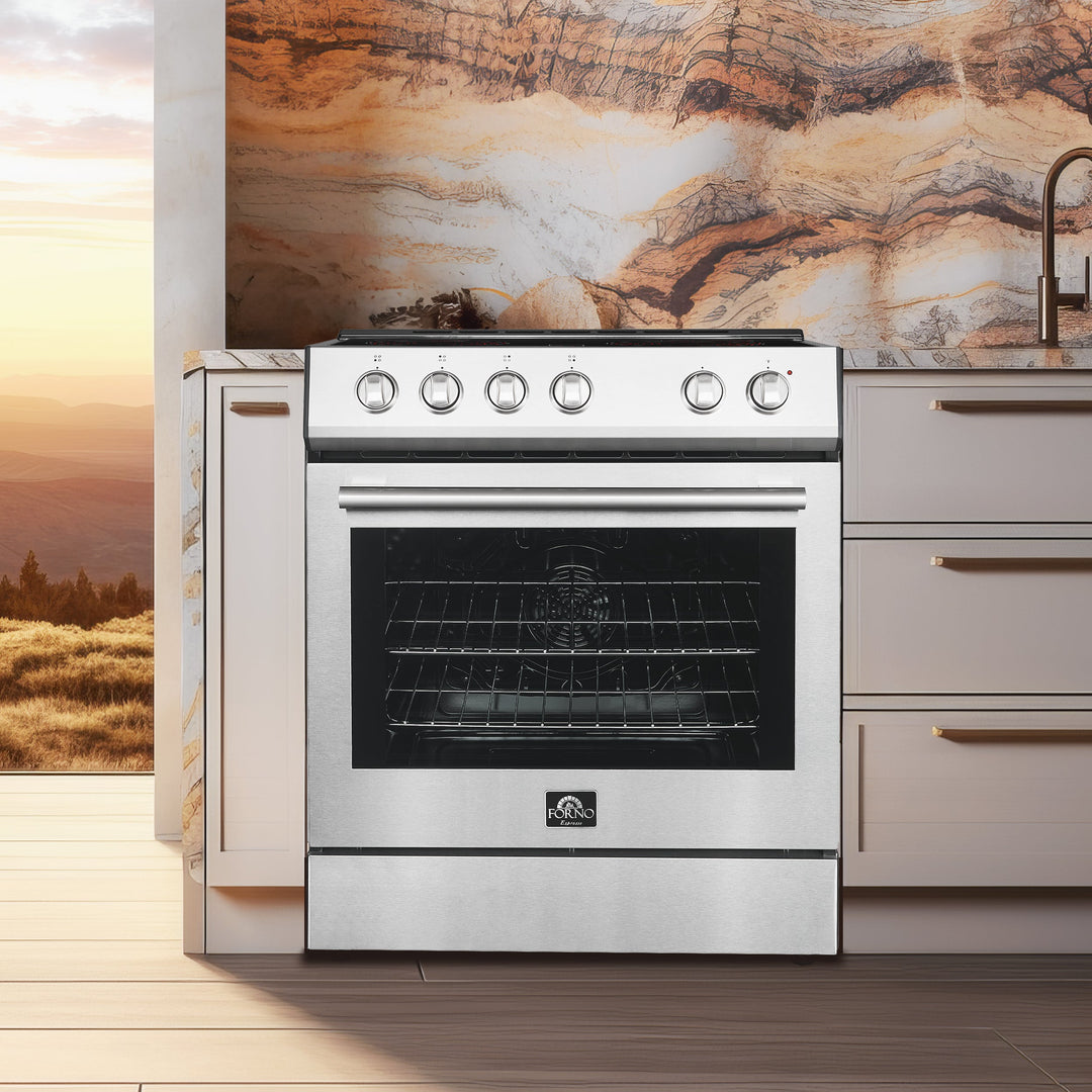 FORNO Premium 3-Piece Kitchen Bundle - Leonardo Espresso 30" Stainless Steel Range, 31" Stainless Steel Bottom Freezer Refrigerator, 24" Stainless Steel Dishwasher - FBDL-007-01US
