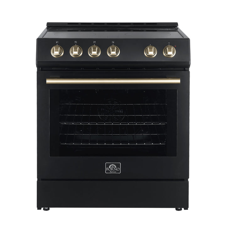 FORNO Premium 4-Piece Kitchen Bundle - Leonardo Espresso 30" Black Electric Range, 30" Black Range Hood, 31" Black Bottom Freezer Refrigerator, 24" Black Built-In Dishwasher - FBDL-006-02US