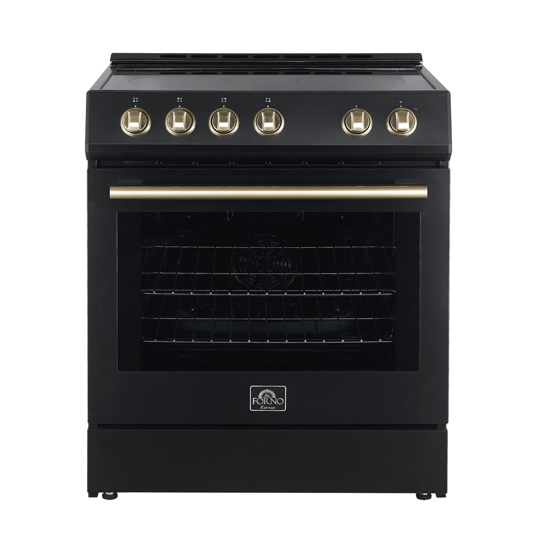 FORNO Premium 3-Piece Kitchen Bundle - Leonardo Espresso 30" Black Range, 30" Black Range Hood, 31" Black Bottom Freezer Refrigerator - FBDL-001-02US
