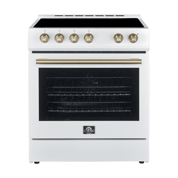 FORNO Premium 3-Piece Kitchen Bundle - Leonardo Espresso 30" White Range, 31" White Bottom Freezer Refrigerator, 24" White Built-In Dishwasher - FBDL-007-03US