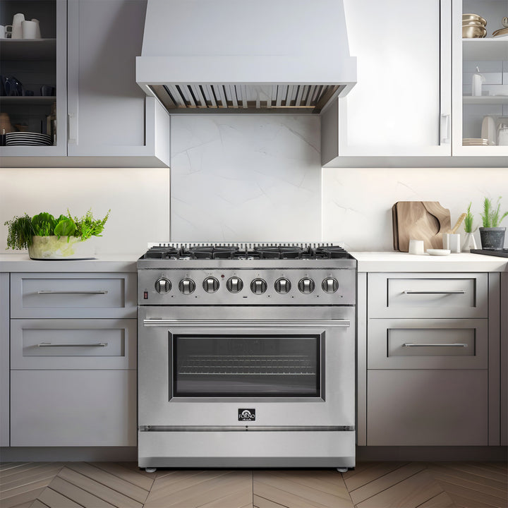 FORNO Premium 3-Piece Kitchen Bundle - Galiano 36" Dual Fuel Range, 36" French Door Refrigerator, 24" Built-In Dishwasher - FBDL-004-02CAUS