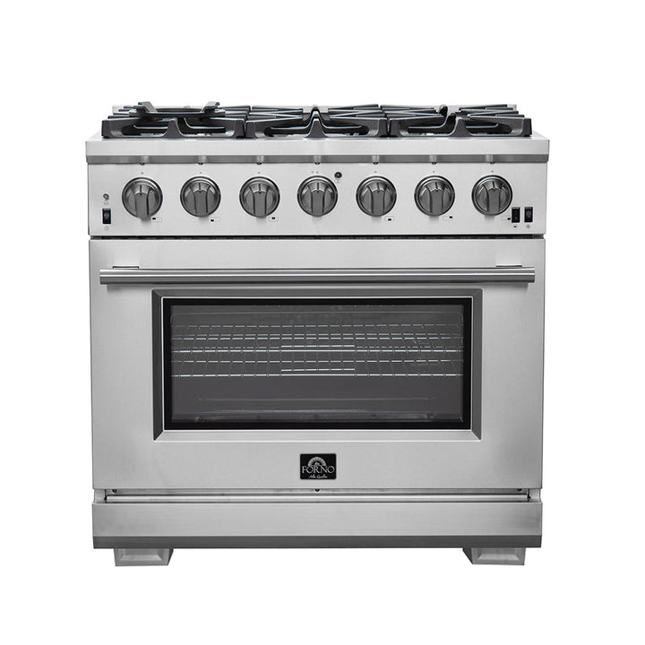 FORNO Premium 2-Piece Kitchen Bundle - Galiano 36" Stainless Steel Range, Forno Moena 36" French Door 19.2 cu. ft Stainless Steel Refrigerator, with Decorative Grill - 40" Wide - FBDL-019-03CAUS