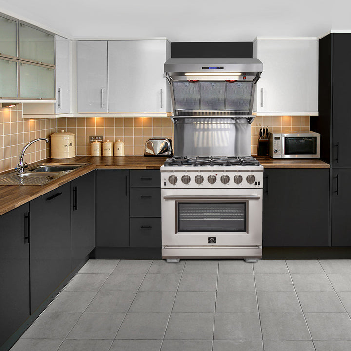 FORNO Premium 2-Piece Kitchen Bundle - Galiano 36" Stainless Steel Range, Forno Moena 36" French Door 19.2 cu. ft Stainless Steel Refrigerator, with Decorative Grill - 40" Wide - FBDL-019-03CAUS