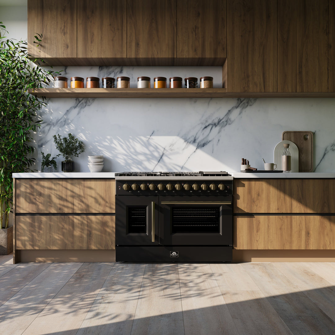 Forno Galiano 48-inch French Door Dual Fuel Range, Black &amp; Antique Brass Design, 8 Sealed Burners - 107,000 BTU, Griddle, 6.58 cu.ft. Double Ovens