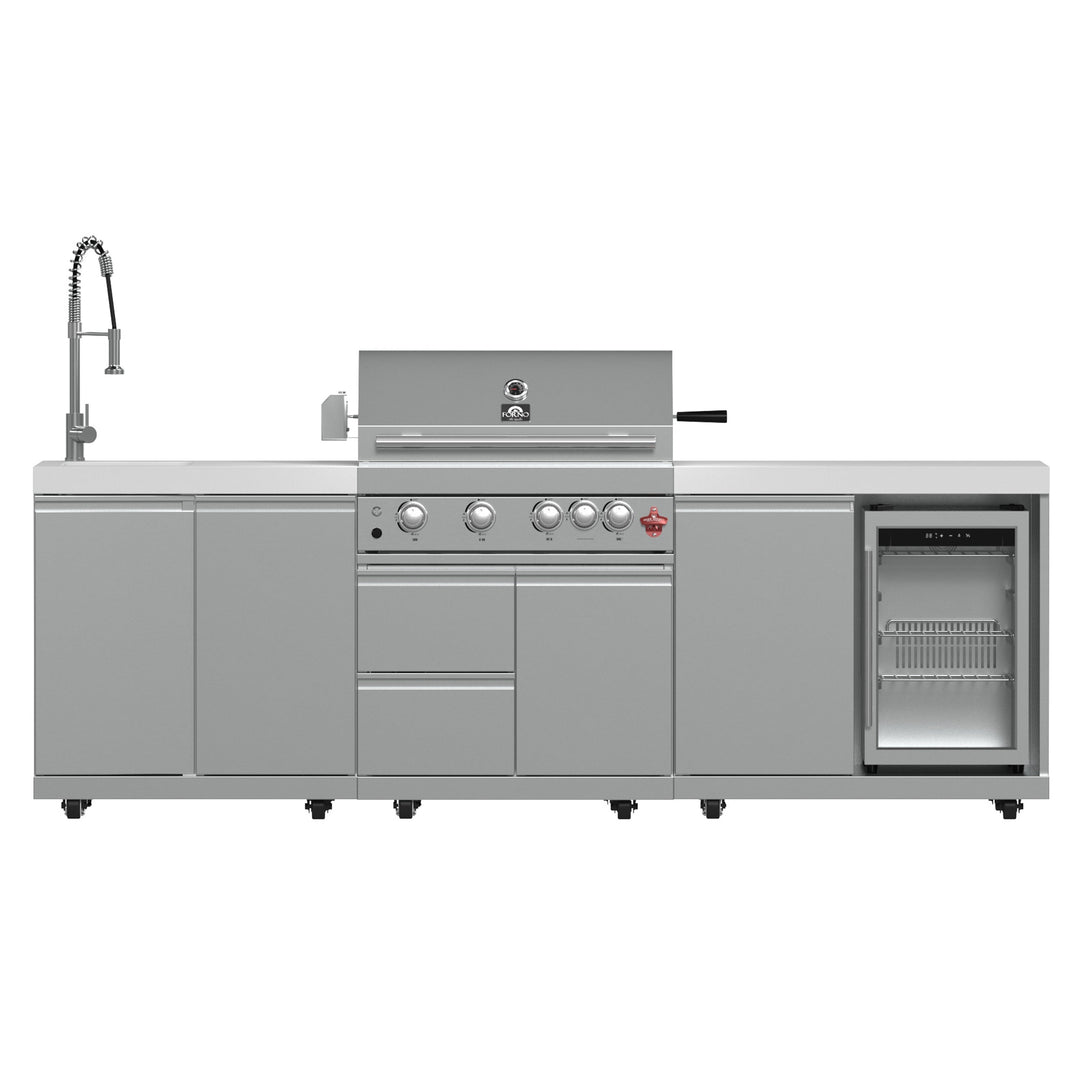 FORNO Bulnes 30-Inch BBQ, 60,000 BTU, 3 Burners with Sear &amp; Rotisserie Infrared Burners, Stainless Steel Outdoor Kitchen with 1.8 cu.ft. Beverage Center &amp; White Sintered Stone Countertops
