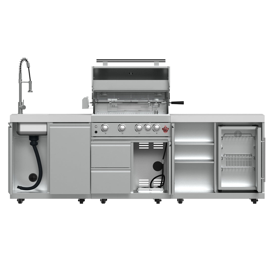 FORNO Bulnes 30-Inch BBQ, 60,000 BTU, 3 Burners with Sear &amp; Rotisserie Infrared Burners, Stainless Steel Outdoor Kitchen with 1.8 cu.ft. Beverage Center &amp; White Sintered Stone Countertops