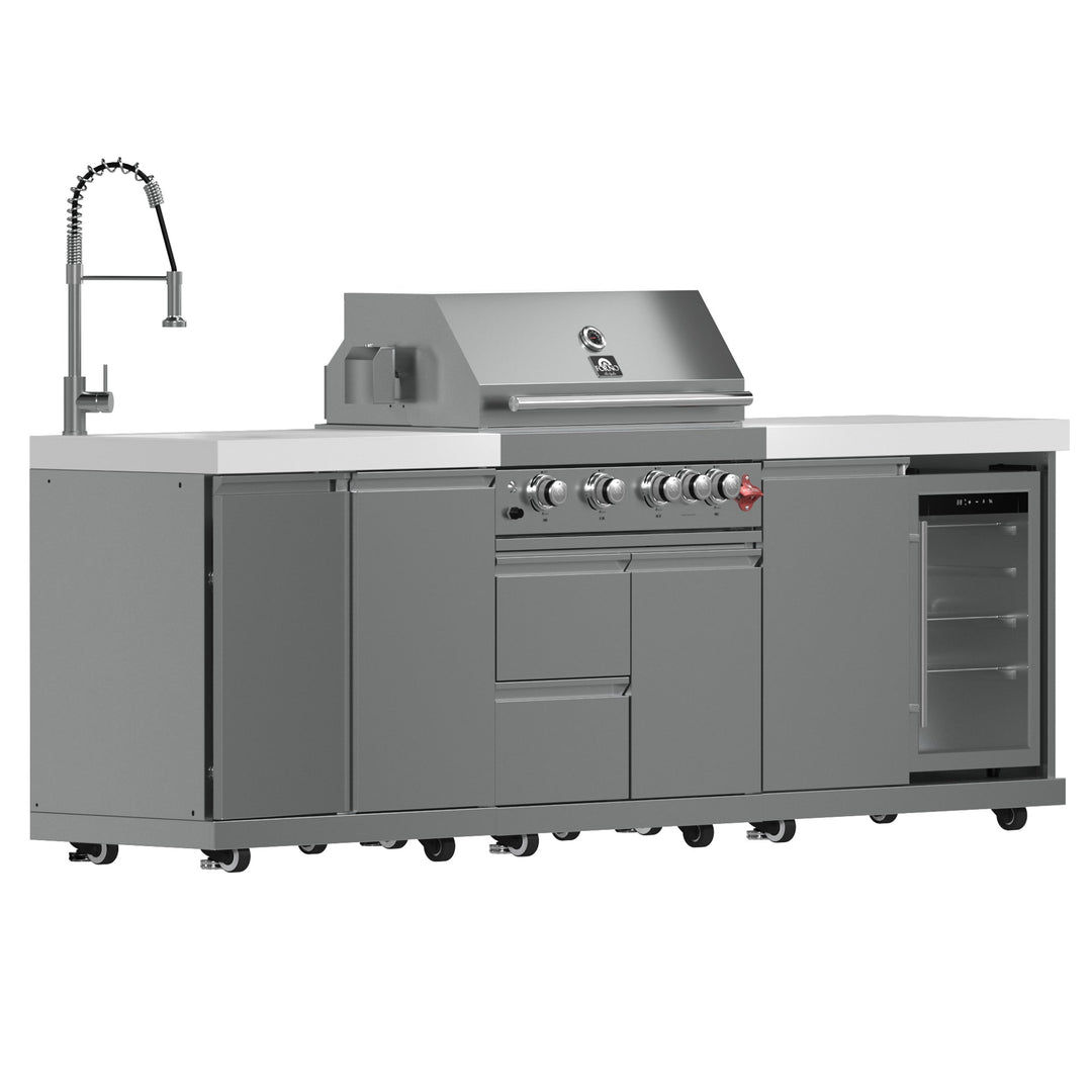 FORNO Bulnes 30-Inch BBQ, 60,000 BTU, 3 Burners with Sear &amp; Rotisserie Infrared Burners, Stainless Steel Outdoor Kitchen with 1.8 cu.ft. Beverage Center &amp; White Sintered Stone Countertops