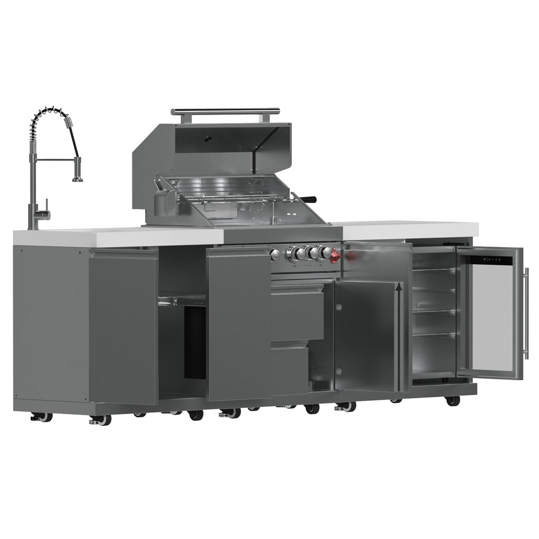 FORNO Bulnes 30-Inch BBQ, 60,000 BTU, 3 Burners with Sear &amp; Rotisserie Infrared Burners, Stainless Steel Outdoor Kitchen with 1.8 cu.ft. Beverage Center &amp; White Sintered Stone Countertops