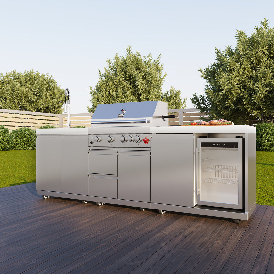FORNO Bulnes 30-Inch BBQ, 60,000 BTU, 3 Burners with Sear &amp; Rotisserie Infrared Burners, Stainless Steel Outdoor Kitchen with 1.8 cu.ft. Beverage Center &amp; White Sintered Stone Countertops