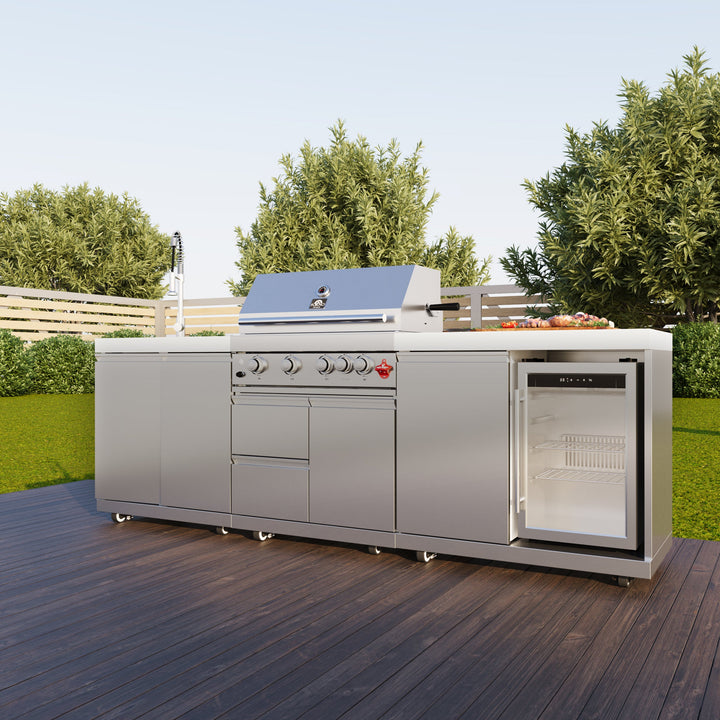 FORNO Bulnes 30-Inch BBQ, 60,000 BTU, 3 Burners with Sear &amp; Rotisserie Infrared Burners, Stainless Steel Outdoor Kitchen with 1.8 cu.ft. Beverage Center &amp; White Sintered Stone Countertops