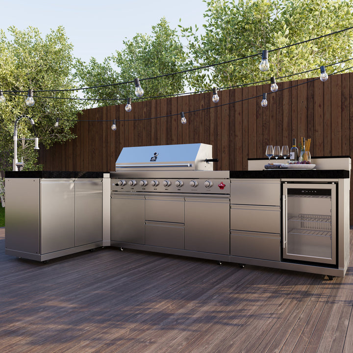 FORNO Bulnes 40-Inch BBQ, 95,000 BTU, 5 Burners, Sear &amp; Rotisserie Infrared with Side Burner, Stainless Steel Outdoor Kitchen with 1.8 cu.ft. Beverage Center &amp; Black Granite Countertops