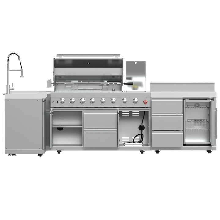 FORNO Bulnes 40-Inch BBQ, 95,000 BTU, 5 Burners, Sear &amp; Rotisserie Infrared with Side Burner, Stainless Steel Outdoor Kitchen with 1.8 cu.ft. Beverage Center &amp; White Sintered Stone Countertops