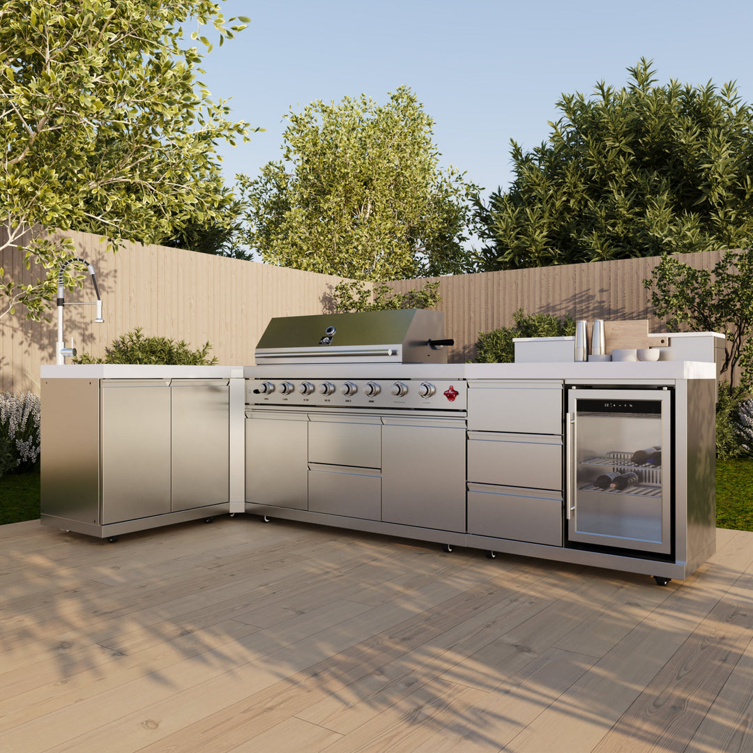 FORNO Bulnes 40-Inch BBQ, 95,000 BTU, 5 Burners, Sear &amp; Rotisserie Infrared with Side Burner, Stainless Steel Outdoor Kitchen with 1.8 cu.ft. Beverage Center &amp; White Sintered Stone Countertops