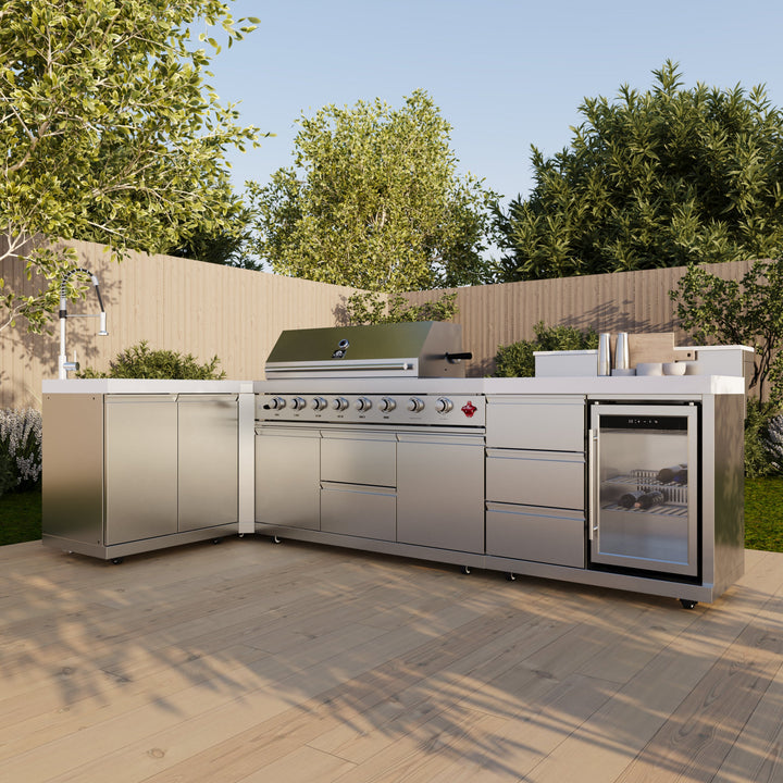 FORNO Bulnes 40-Inch BBQ, 95,000 BTU, 5 Burners, Sear &amp; Rotisserie Infrared with Side Burner, Stainless Steel Outdoor Kitchen with 1.8 cu.ft. Beverage Center &amp; White Sintered Stone Countertops