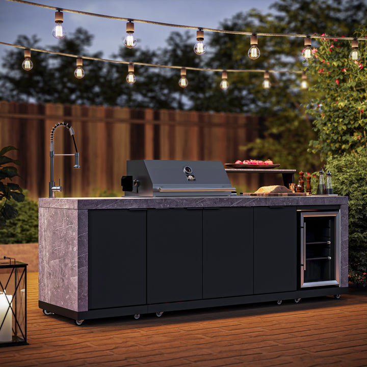 Forno Rimini Outdoor Kitchen 30" BBQ 62,600 BTU, 3 Burners with Sear &amp; Rotisserie, 2.4 cu.ft. Beverage Center, Stainless Steel Sink, Black Cabinets &amp; Gray Sintered Stone Countertop