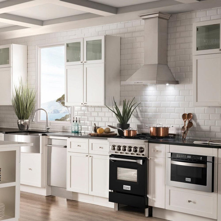 ZLINE 24 in. 2.8 cu. ft. Legacy Dual Fuel Range with 4 Burner Gas Cooktop and Electric Convection Oven in Stainless Steel and Black Matte Door (RA-BLM-24)