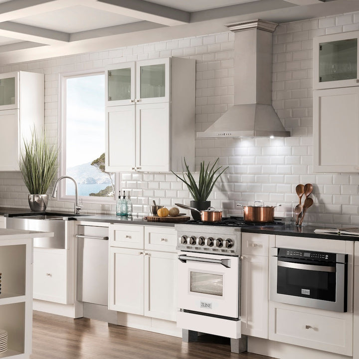 ZLINE 24 in. 2.8 cu. ft. Legacy Dual Fuel Range with 4 Burner Gas Cooktop and Electric Convection Oven in Satin Stainless Steel and White Matte Door (RAS-WM-24)