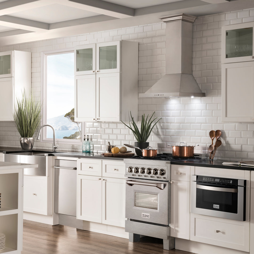 ZLINE 24 in. 2.8 cu. ft. Legacy Dual Fuel Range with 4 Burner Gas Cooktop and Electric Convection Oven in Satin Stainless Steel, Open Box-Excellent Condition
