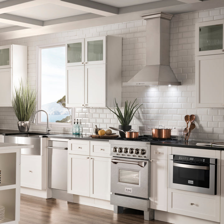 ZLINE 24 in. 2.8 cu. ft. Legacy Dual Fuel Range with 4 Burner Gas Cooktop and Electric Convection Oven in Satin Stainless Steel, Open Box-Excellent Condition