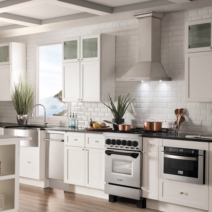 ZLINE Autograph Edition 24 in. 2.8 cu. ft. Legacy Dual Fuel Range with 4 Burner Gas Cooktop and Electric Convection Oven in Stainless Steel and Matte Black Accents, Open Box-Excellent Condition