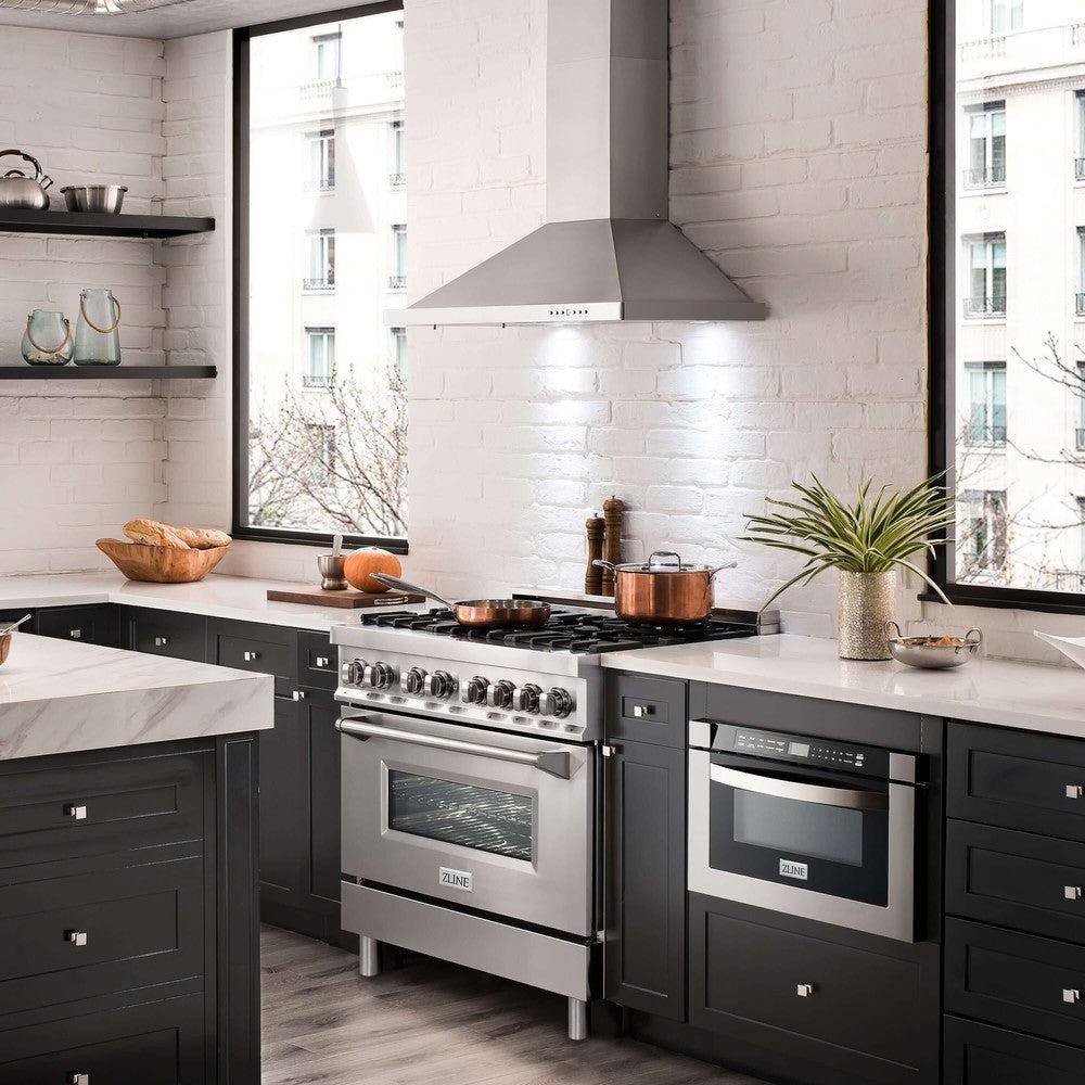 ZLINE Kitchen Package with Refrigerator, 36 in. Stainless Steel Dual Fuel Range, 36 in. Convertible Vent Range Hood, 24 in. Microwave Drawer, and 24 in. Tall Tub Dishwasher (5KPR-RARH36-MWDWV)