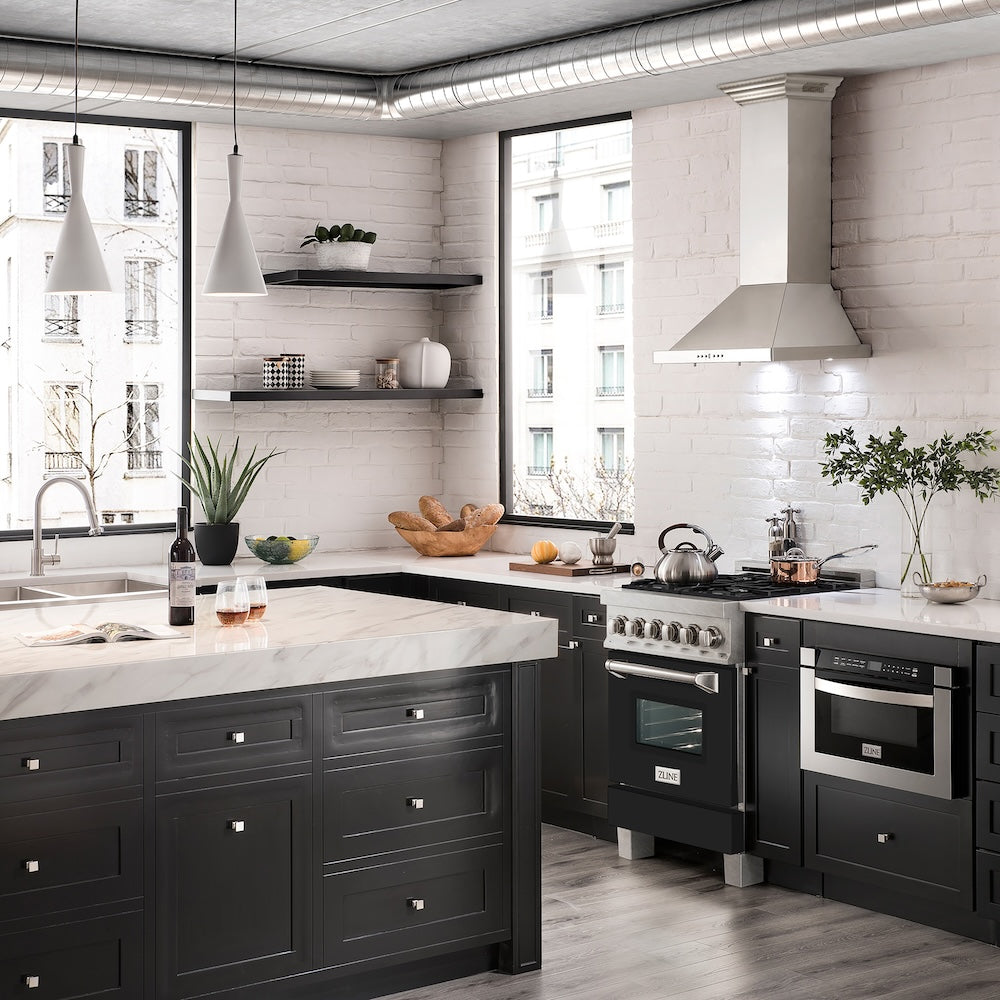 ZLINE 24 in. 2.8 cu. ft. Legacy Dual Fuel Range with 4 Burner Gas Cooktop and Electric Convection Oven in Satin Stainless Steel and Black Matte Door (RAS-BLM-24)