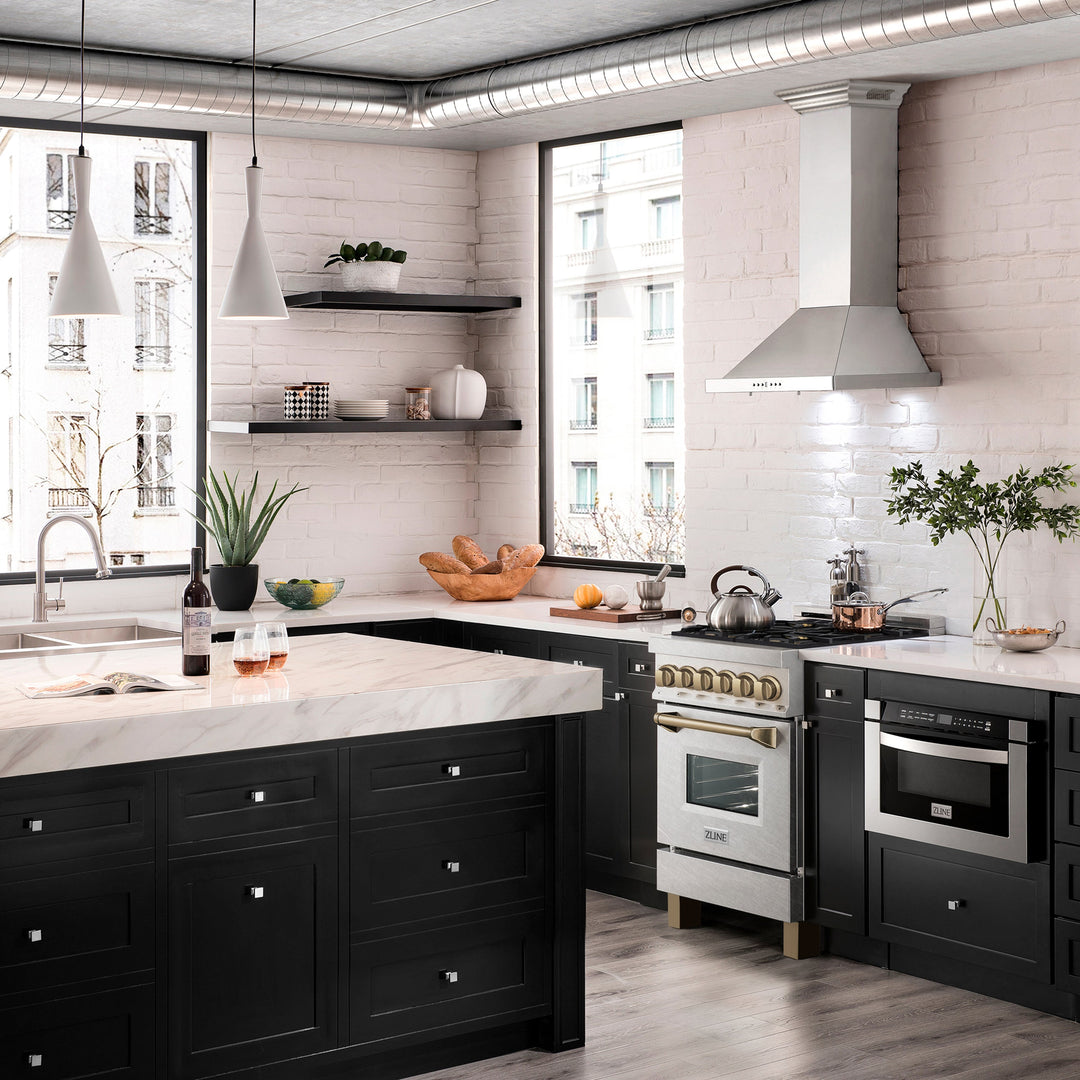ZLINE Autograph Edition 24 in. 2.8 cu. ft. Legacy Dual Fuel Range with 4 Burner Gas Cooktop and Electric Convection Oven in Satin Stainless Steel and Champagne Bronze Accents (RASZ-SN-24-CB)