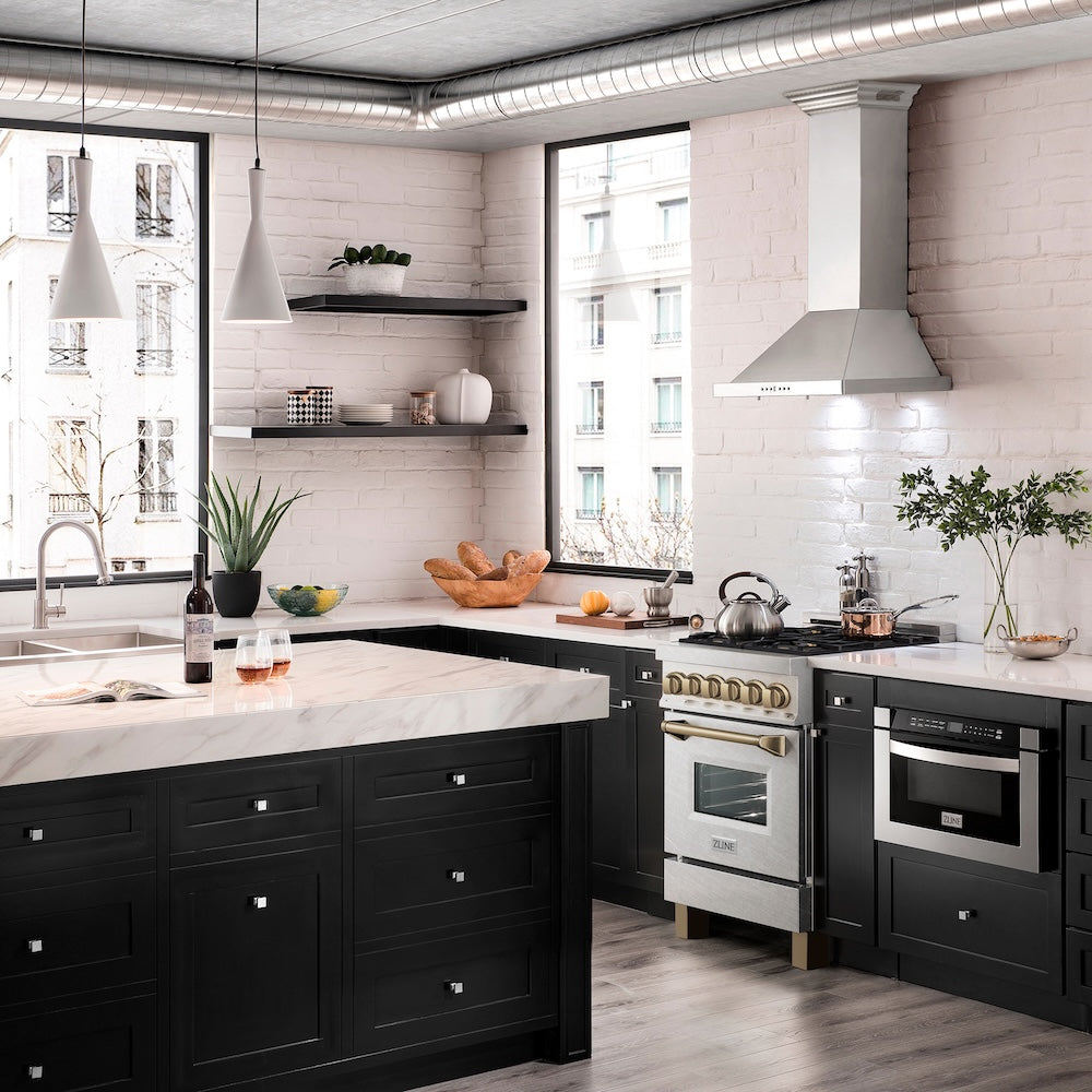 ZLINE Autograph Edition 24 in. 2.8 cu. ft. Legacy Dual Fuel Range with 4 Burner Gas Cooktop and Electric Convection Oven in Satin Stainless Steel and Champagne Bronze Accents, Open Box-Excellent Condition