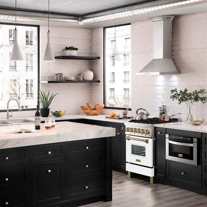 ZLINE Autograph Edition 24 in. 2.8 cu. ft. Legacy Dual Fuel Range with 4 Burner Gas Cooktop and Electric Convection Oven in Stainless Steel with White Matte Door and Champagne Bronze Accents, Open Box-Excellent Condition