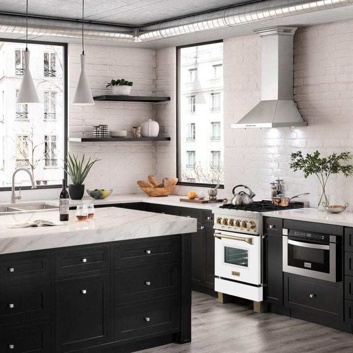 ZLINE Autograph Edition 24", 30", 36", 48", &amp; 60" Legacy Dual Fuel Range with White Matte Doors—Champagne Bronze, Polished Gold, and Matte Black Accents RAZ-WM Series.