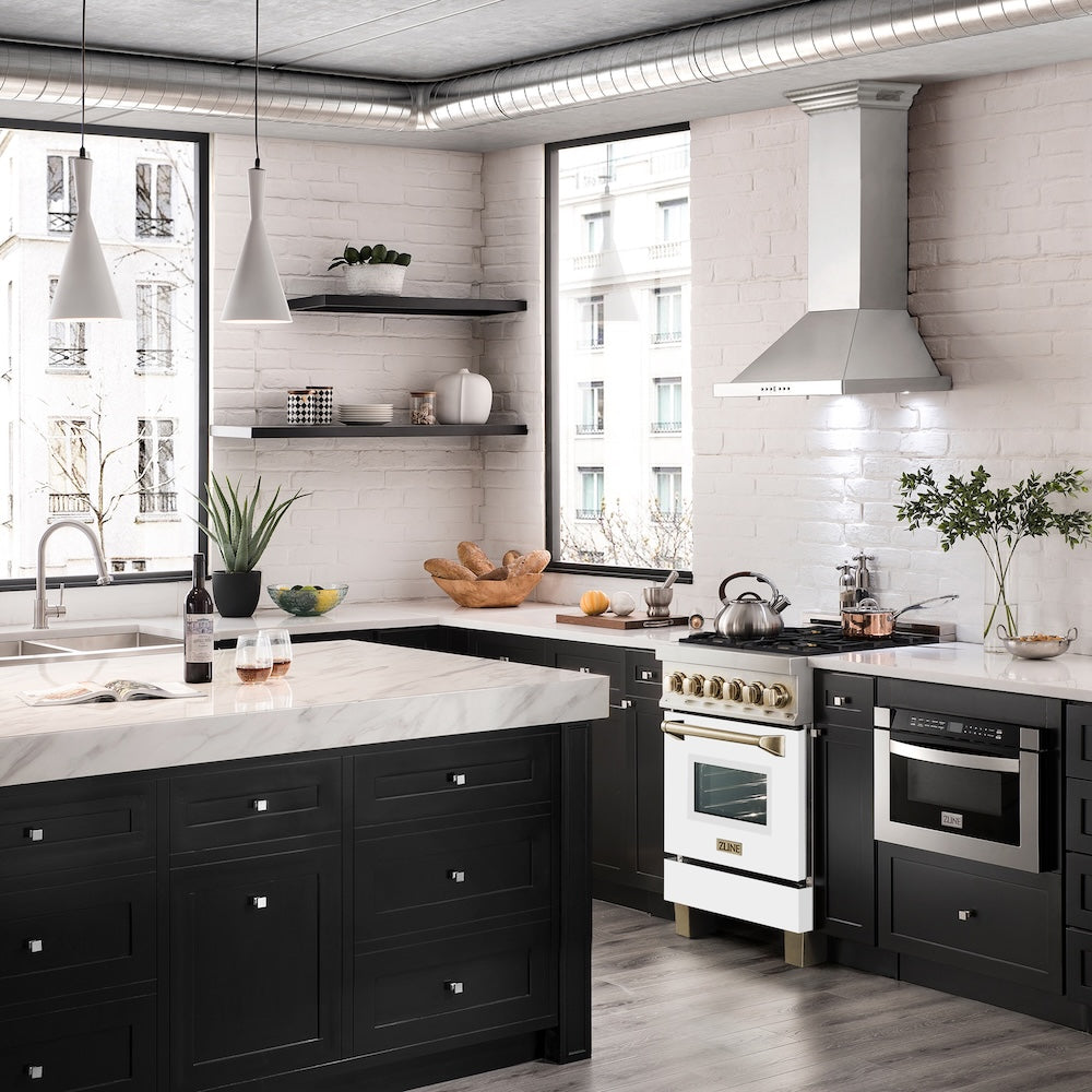 ZLINE Autograph Edition 24 in. 2.8 cu. ft. Legacy Dual Fuel Range with 4 Burner Gas Cooktop and Electric Convection Oven in Stainless Steel with White Matte Door and Polished Gold Accents, Open Box-Excellent Condition