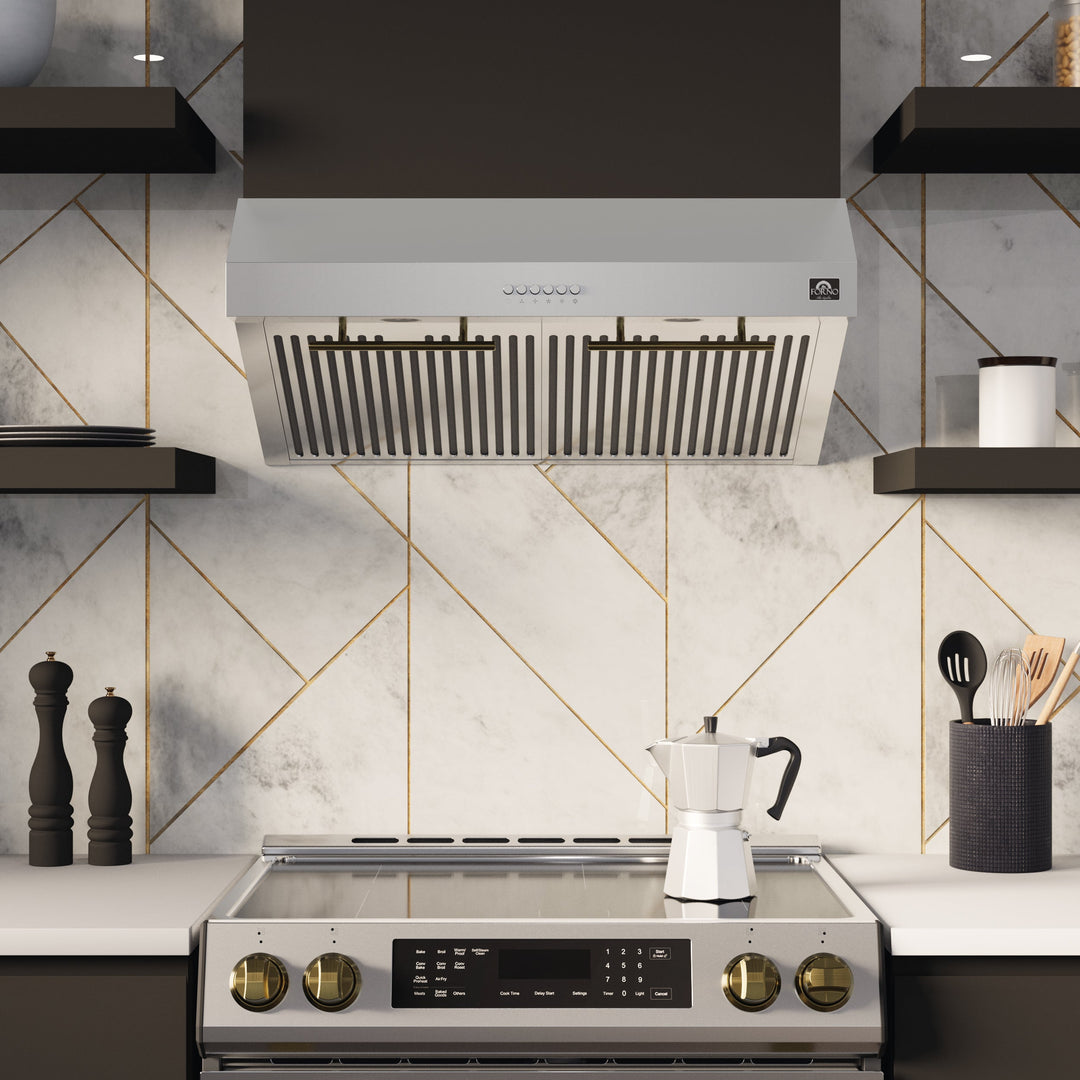 Forno Bari Espresso 30-Inch Under Cabinet Range Hood, Stainless Steel, 400 CFM, LED Lighting, Dishwasher-Safe Baffle Filters, 4-Speed Fan Control