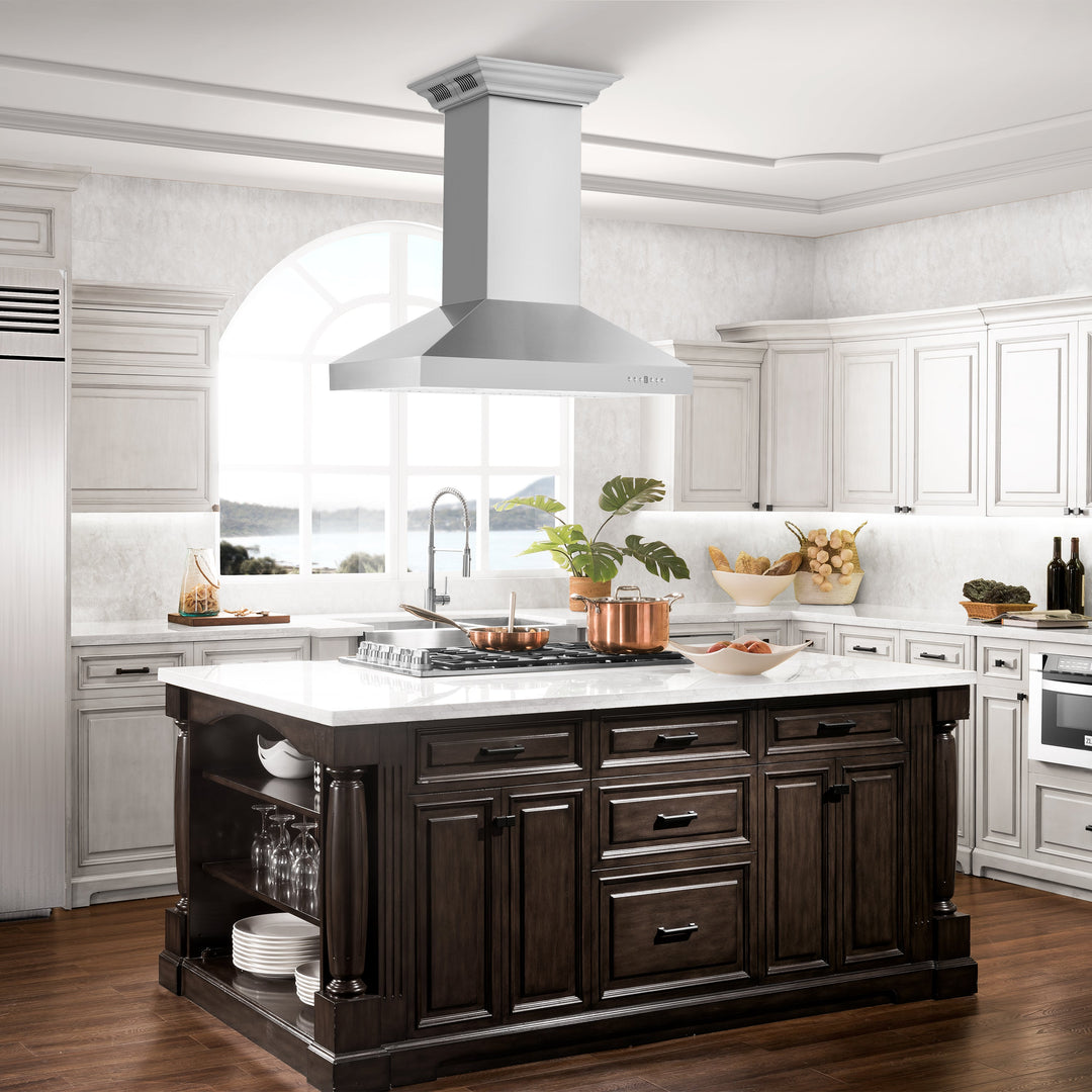 48" ZLINE CrownSound™Ducted Vent Island Mount Range Hood in Stainless Steel with Built-in Bluetooth Speakers (KL3iCRN-BT-48)