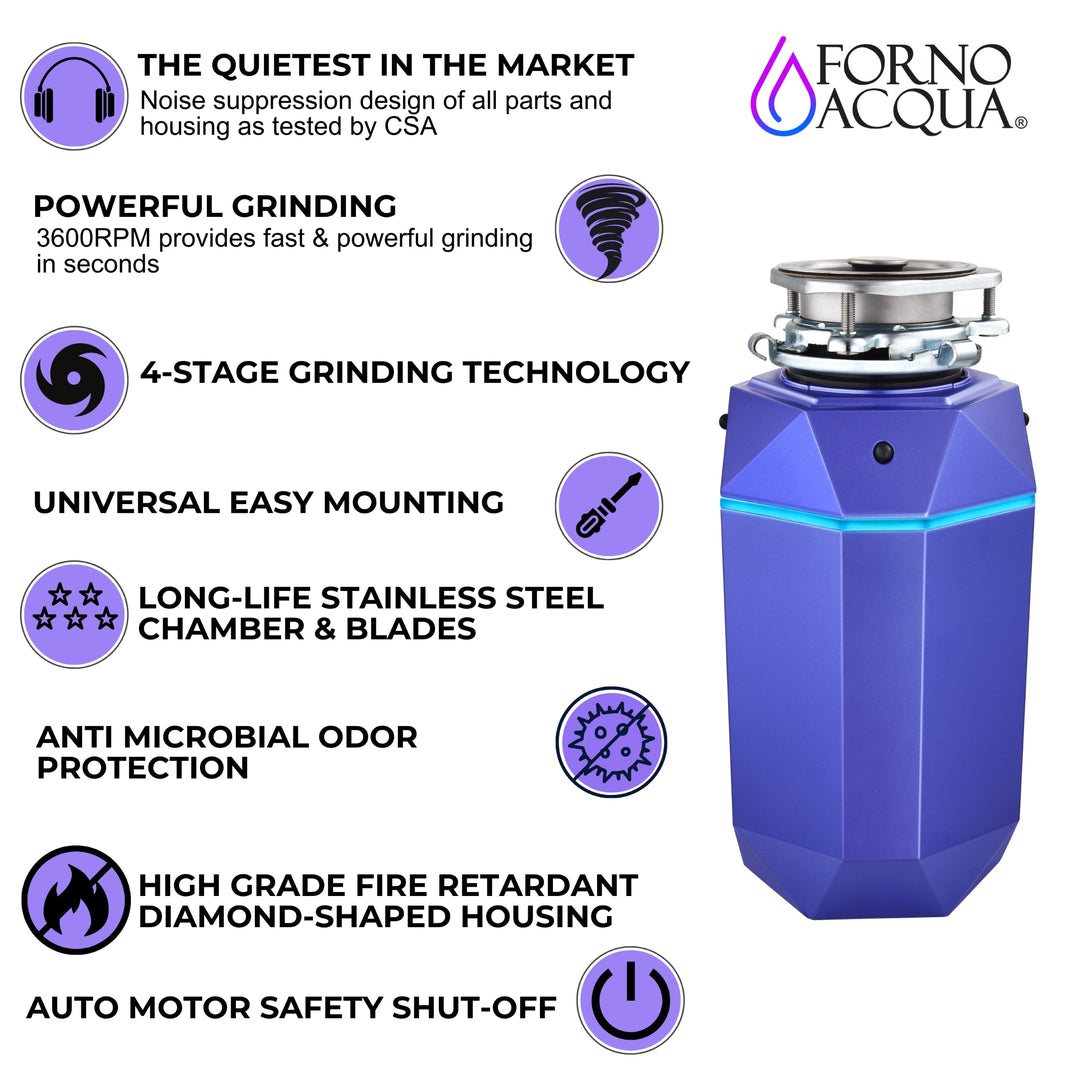 FORNO ACQUA BrightDIAMOND Amethyst 3/4HP Super Quiet Garbage Disposal Corded with Motion Sensor Cabinet Light &amp; Pre-Wired Air Switch