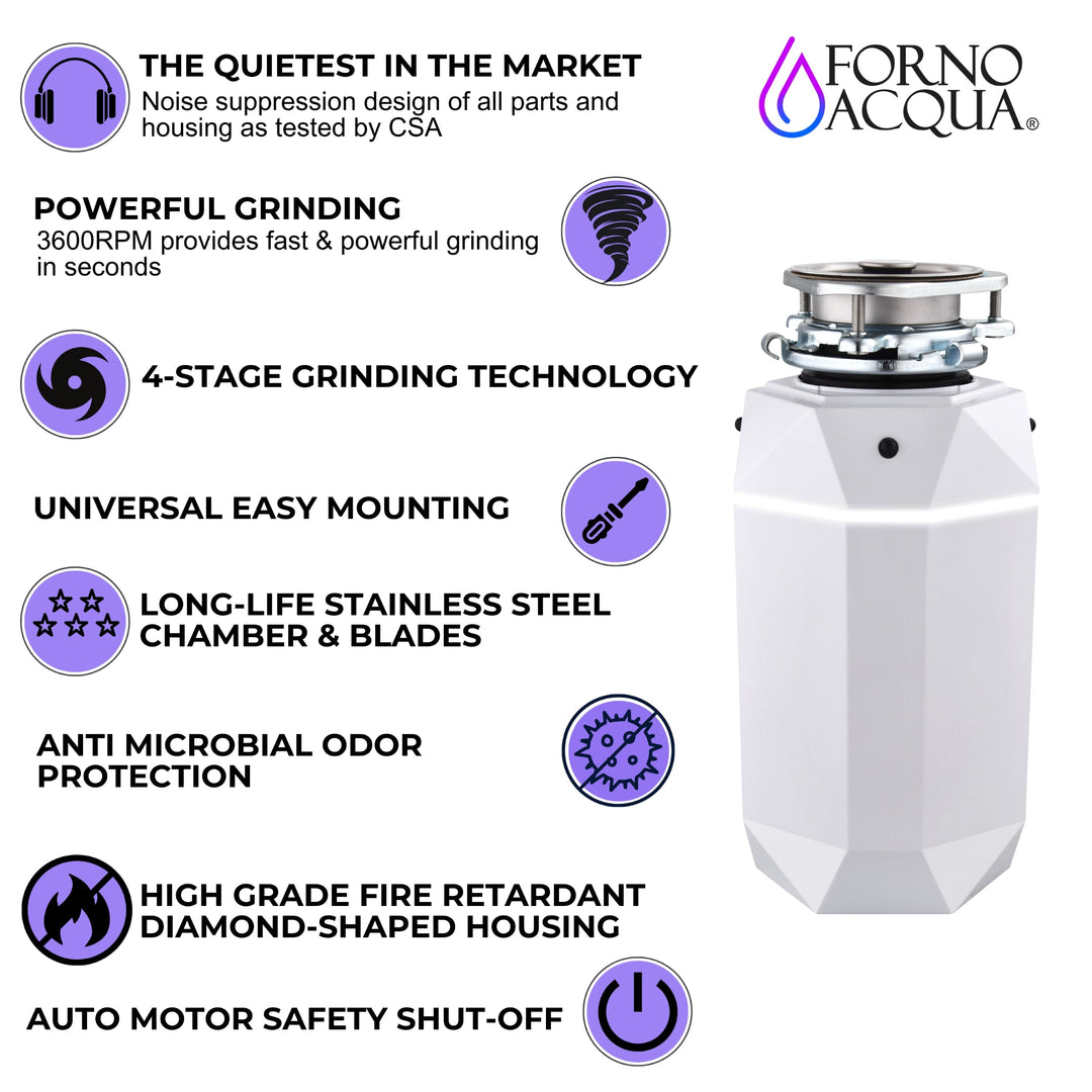 FORNO ACQUA BrightDIAMOND Moonstone 3/4HP Super Quiet Garbage Disposal Corded with Motion Sensor Cabinet Light &amp; Pre-Wired Air Switch