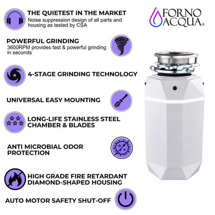 FORNO ACQUA BrightDIAMOND Moonstone 3/4HP Super Quiet Garbage Disposal Corded with Motion Sensor Cabinet Light &amp; Pre-Wired Air Switch