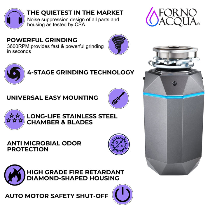 FORNO ACQUA BrightDIAMOND Black Onyx 1HP Super Quiet Garbage Disposal Corded with Motion Sensor Cabinet Light &amp; Pre-Wired Air Switch