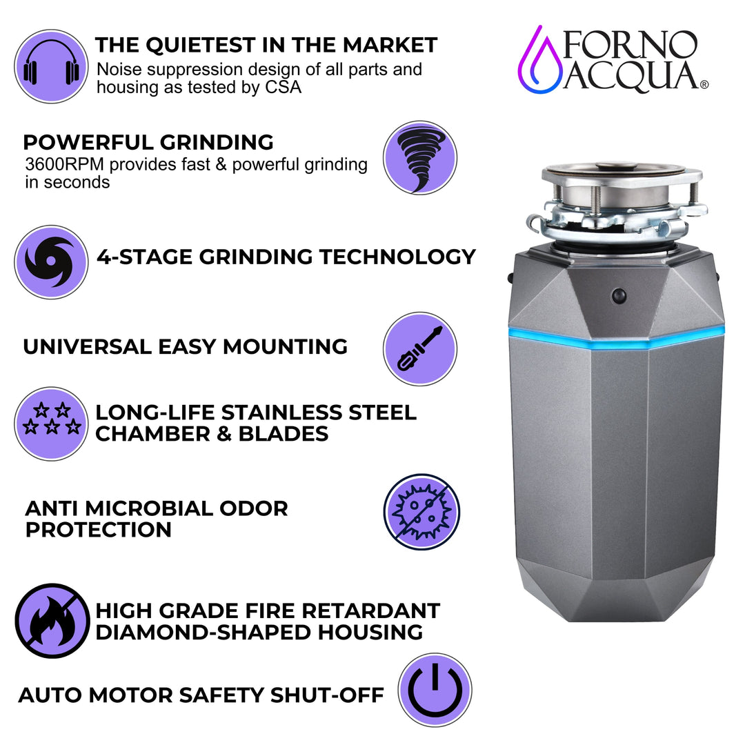 FORNO ACQUA BrightDIAMOND Black Onyx 3/4HP Super Quiet Garbage Disposal Corded with Motion Sensor Cabinet Light &amp; Pre-Wired Air Switch