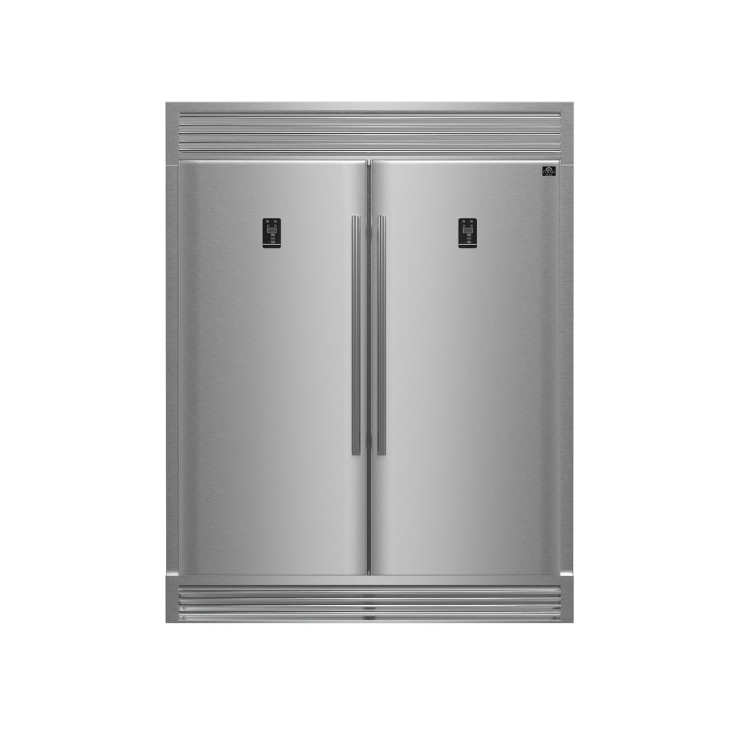 FORNO Premium 3-Piece Kitchen Bundle - FORNO Capriasca 48" Freestanding Gas Range, FORNO Rizzuto 60" W. Dual Combo Convertible Refrigerator, FORNO 48" Wall Mount Range Hood - FBDL-019-05US