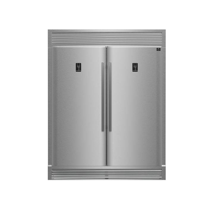 FORNO Premium 3-Piece Kitchen Bundle - FORNO Capriasca 48" Freestanding Gas Range, FORNO Rizzuto 60" W. Dual Combo Convertible Refrigerator, FORNO 48" Wall Mount Range Hood - FBDL-019-05US