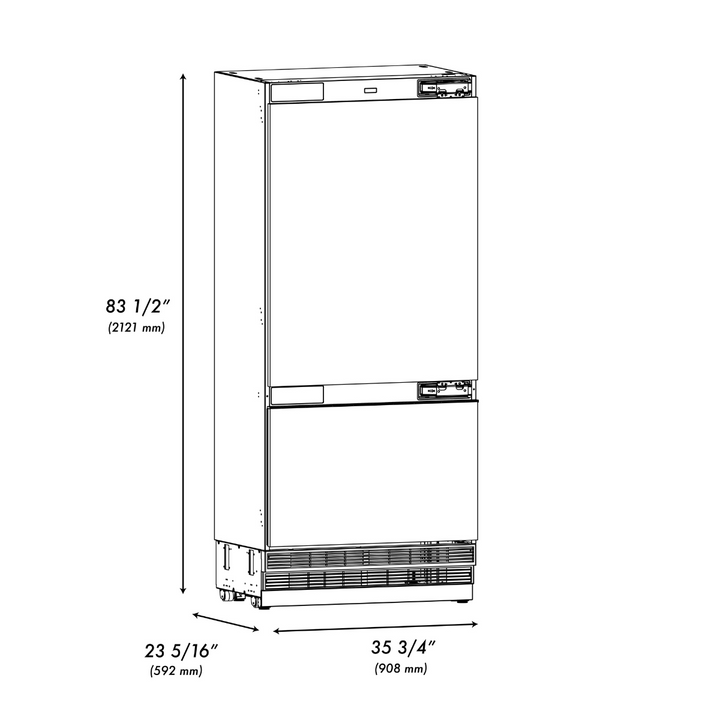 ZLINE 36" 19.8 cu. ft. Panel Ready Built-In Bottom Freezer Refrigerator with Water Dispenser and Ice Maker with Graphite Gray Interior, GRBIT-36