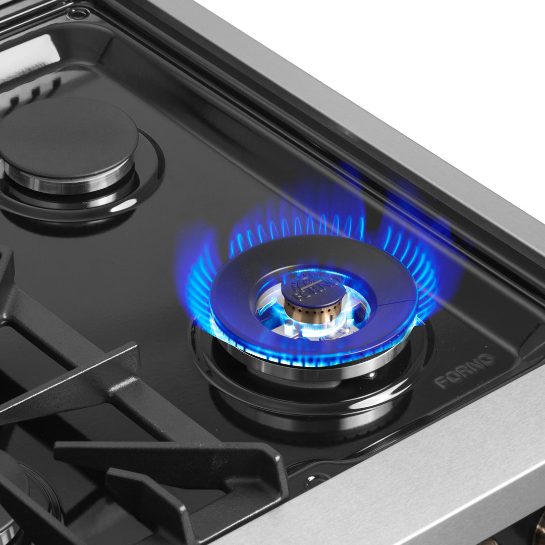 Forno Galiano 36-inch French Door Gas Range Black and Antique Brass Design, 6 Sealed Burners 83,000 BTU, 5.36 cu.ft. Convection Oven