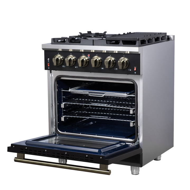 Forno Massimo 30-Inch Black Freestanding Gas Range, 5 Burners, True Convection Oven