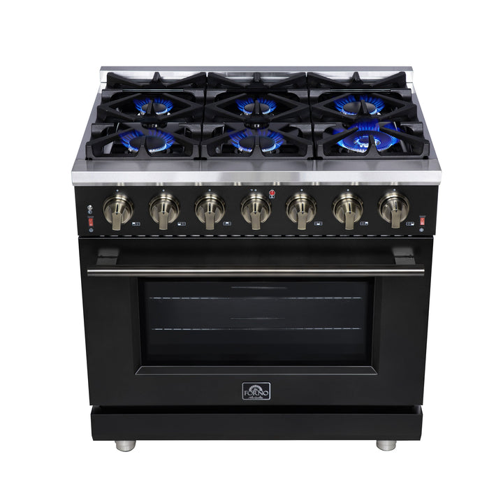 Forno Massimo 36-Inch Black Freestanding Gas Range, 6 Sealed Burners, Convection Oven, Energy Efficient