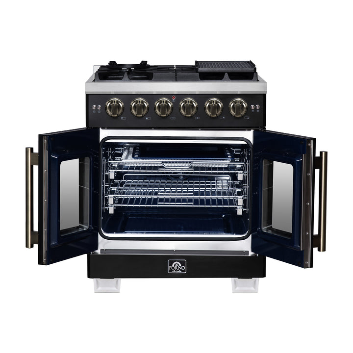 Forno Capriasca 30-Inch Freestanding French Door Gas Range, 4 Burners, Convection Oven, Energy Efficient