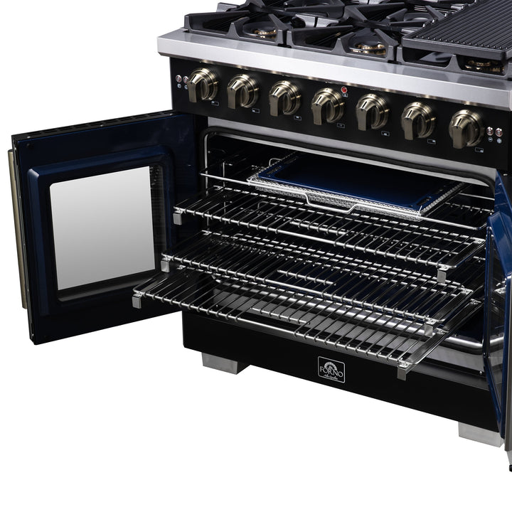 Forno Capriasca 36-Inch Black Freestanding French Door Gas Range, 6 Burners, Convection Oven, Energy Efficient