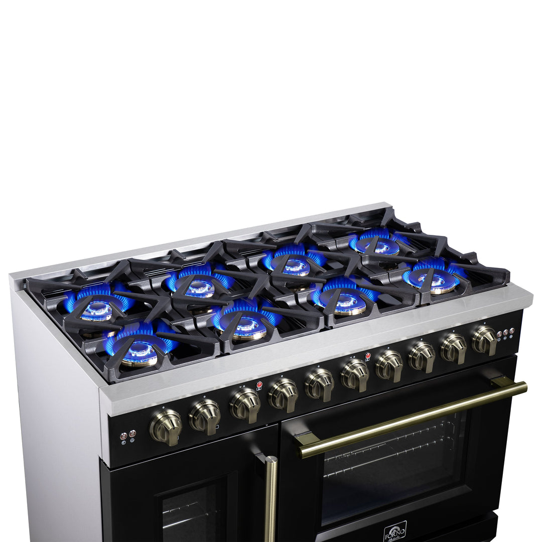 Forno Capriasca 48-Inch Black Freestanding French Door Gas Range, 8 Burners, Convection Oven, Energy Efficient