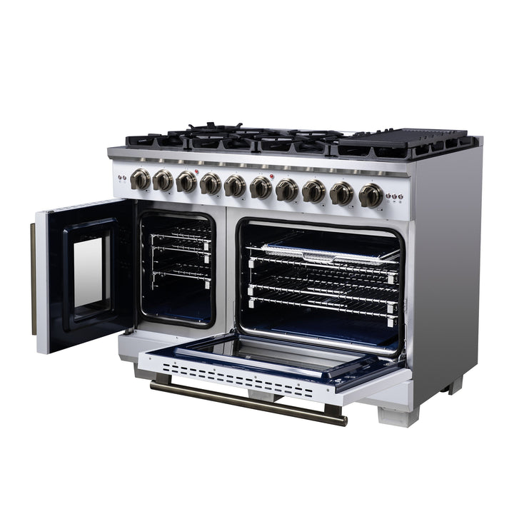 Forno Capriasca 48-Inch White Freestanding French Door Gas Range, 8 Burners, Convection Oven, Energy Efficient