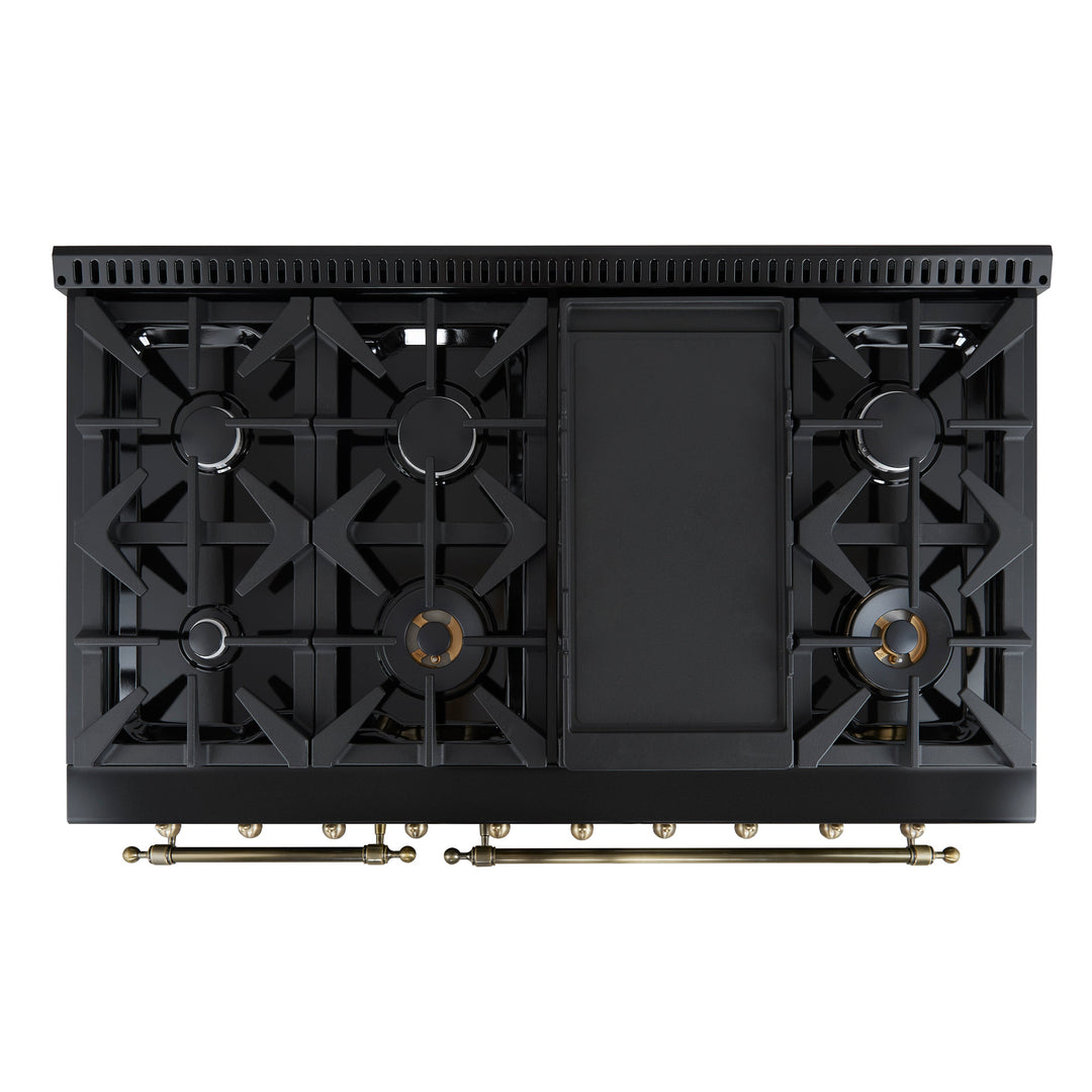Forno Antico 48-Inch Freestanding Gas Range, Black, Antique Brass Design, 8 Burners, Griddle, Double Ovens, Energy Efficient