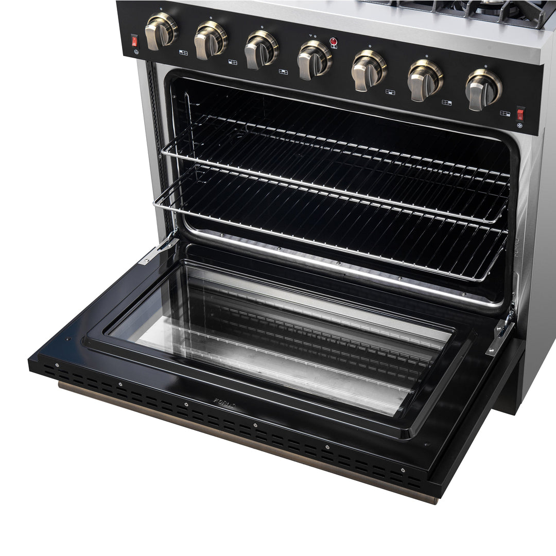 Forno Galiano 36-inch Freestanding Gas Range in Black with Antique Brass Design, 6 Burners, 83,000 BTU, 5.36 cu.ft. Convection Oven